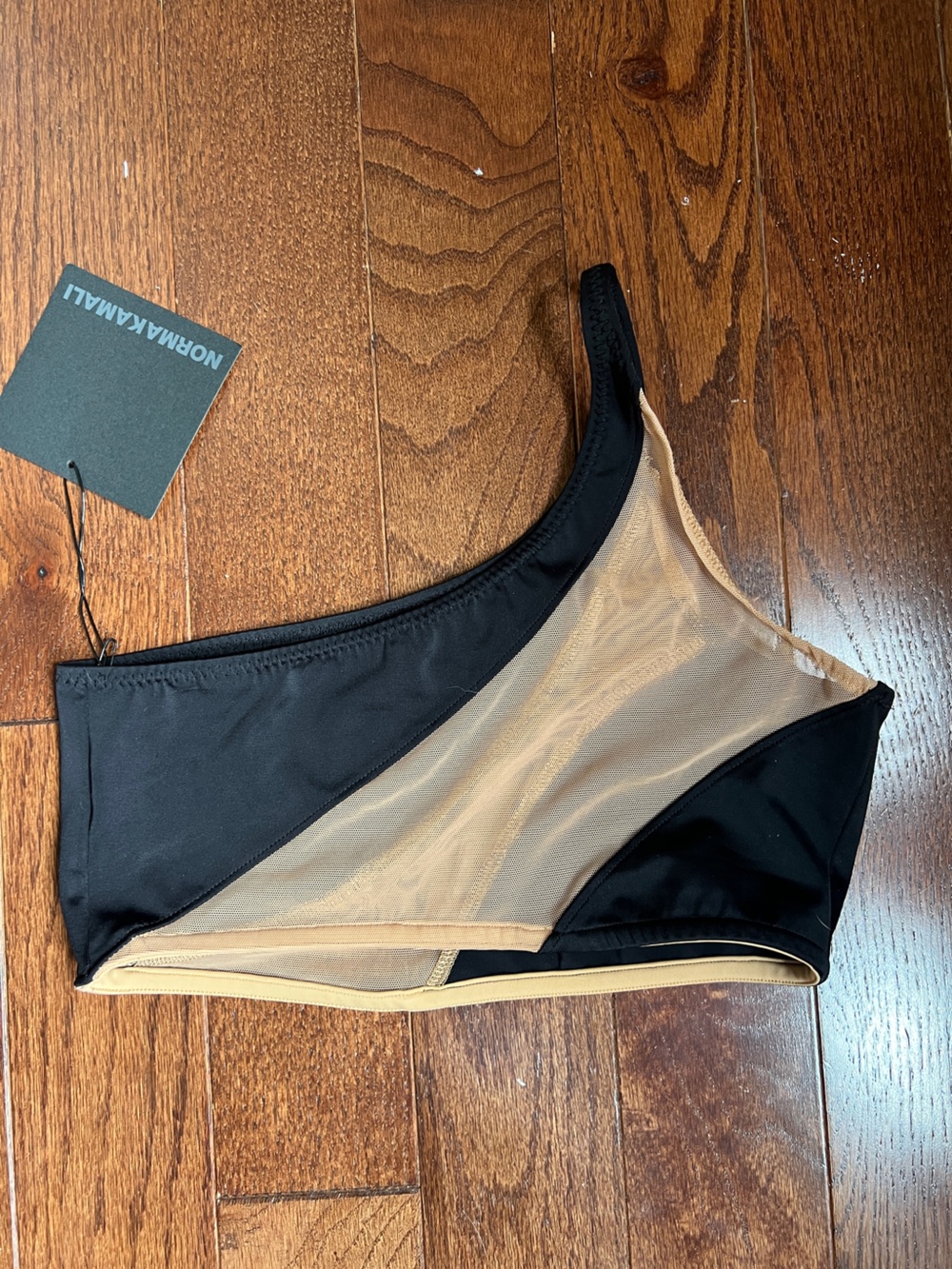 NWT Norma Kamali Snake Mesh Bra One Shoulder Bikini Swim Top Black Nude S - Picture 2 of 5